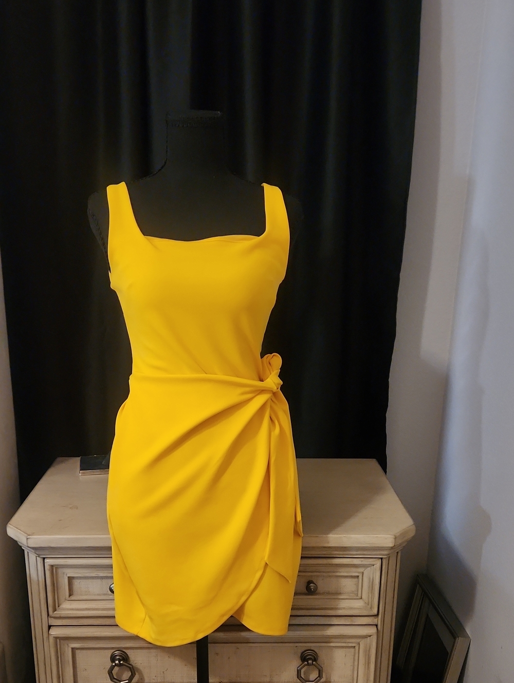 Express Bright Yellow Square-Neck Knot Wrap Mini Dress